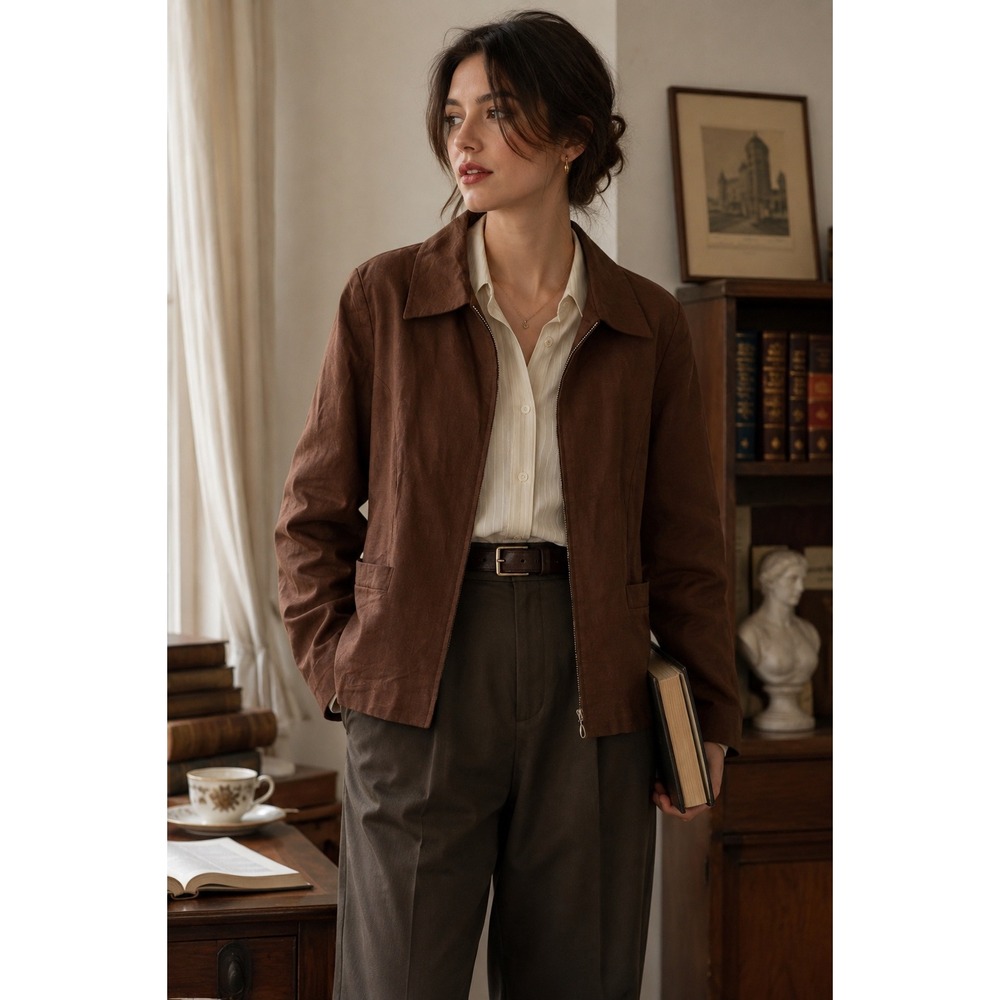 Parisian Signature Brown Linen Blend Zip Jacket Dark Academia Office Siren Sz 18